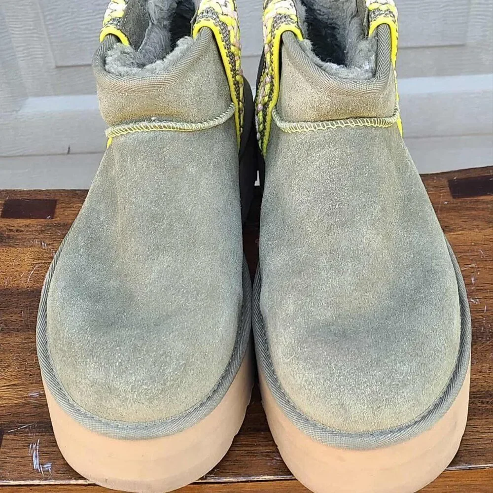 UGG Platform Tsman Braid Ultra Mini Suede shearling Lined Boots size 10 in Olive
